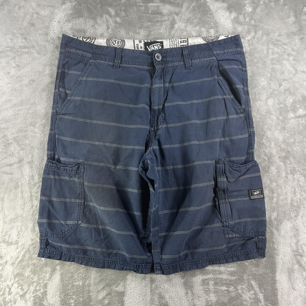 Y2K Vans Cargo Shorts Mens 34 Blue Striped Canvas Skate Utility Pockets Summer
